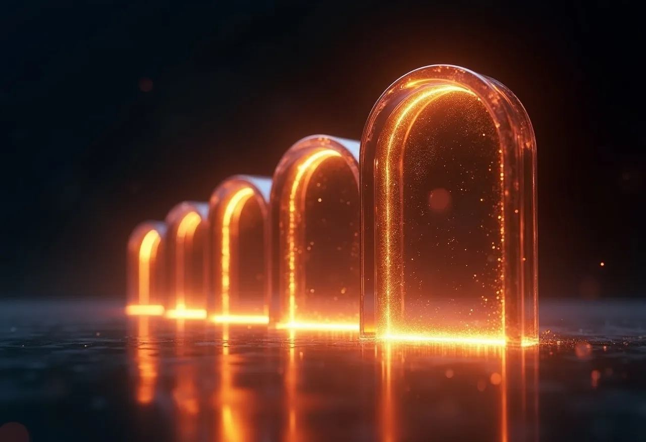 Cinco portões de luz dourada em sequência, cada um mais brilhante que o anterior, simbolizando as cinco etapas do método Cycle Engineering