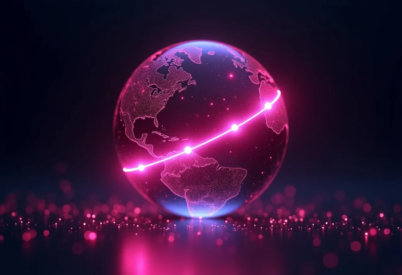 Globo de vidro com uma trilha de luz magenta marcando pontos, simbolizando lugares extraídos de um vídeo e cravados no mapa