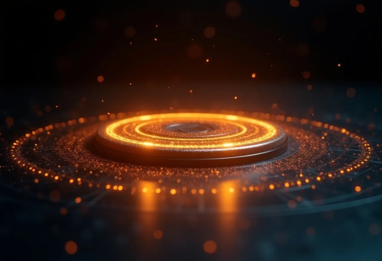 Disco dourado girando com anéis de luz concêntricos, como um radar varrendo e marcando pontos de citação